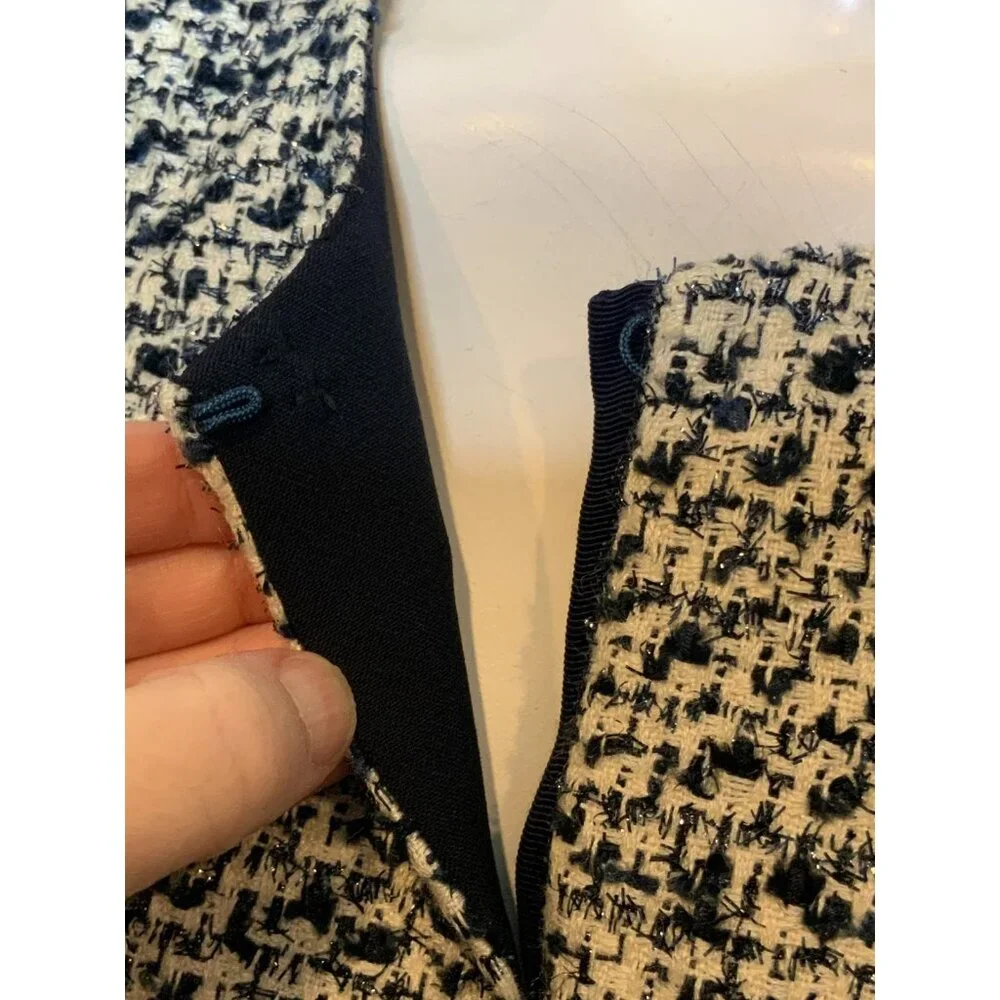 Tory Burch Lucille Metallic Tweed White & Navy Blue Wool Jacket, Size 14